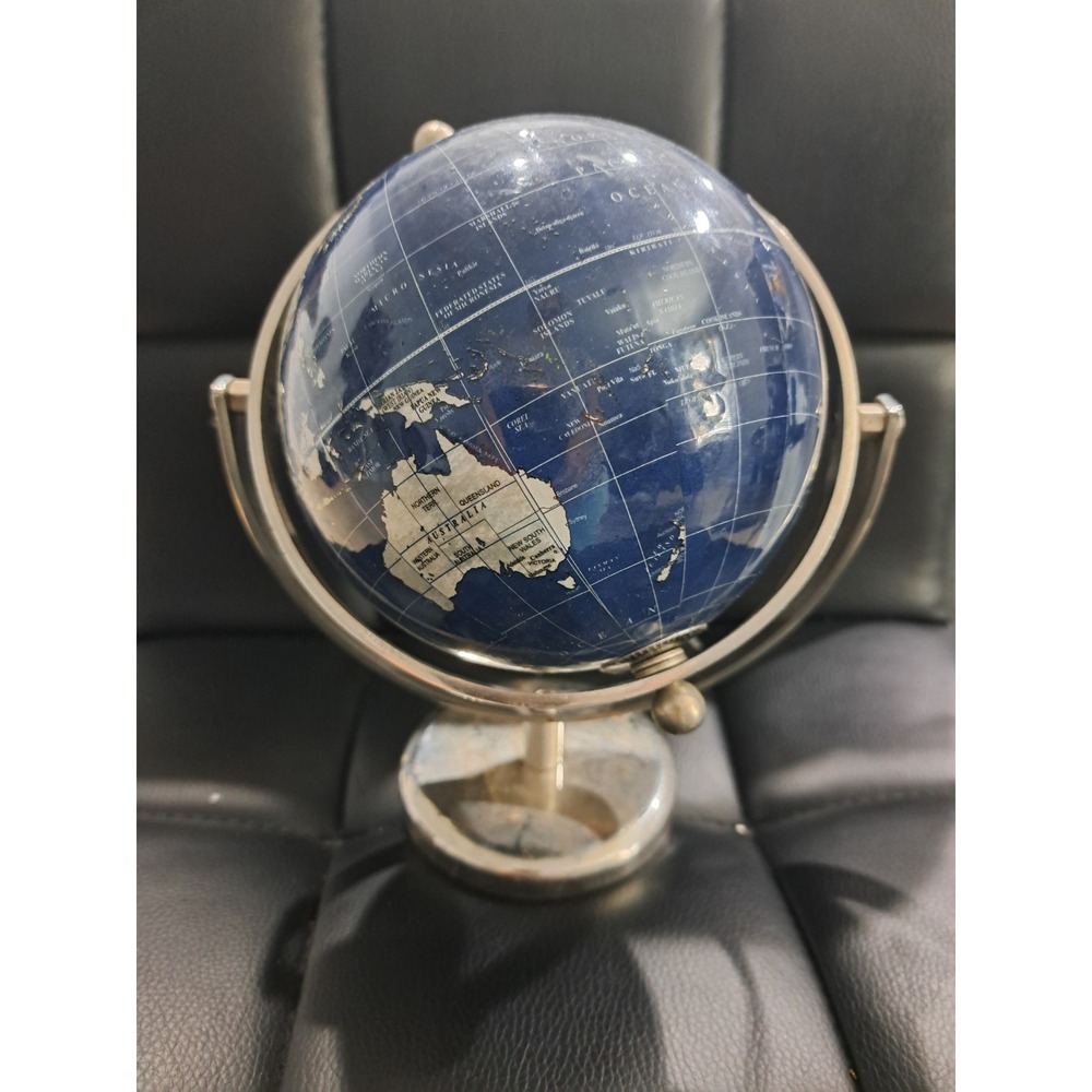 Vintage Rotating 8" EARTH Globes World Blue Shine Base Silver